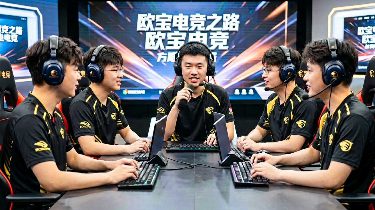 欧宝电竞选手专访现场，选手佩戴耳机接受采访